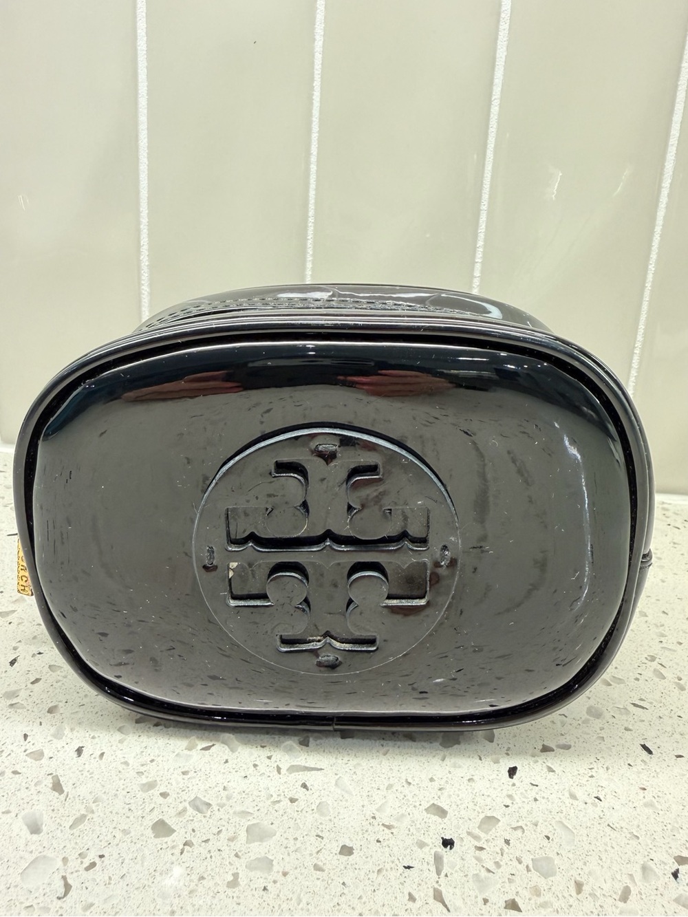 Tory Burch Patent Black Embossed Zip Top Cosmetic bag